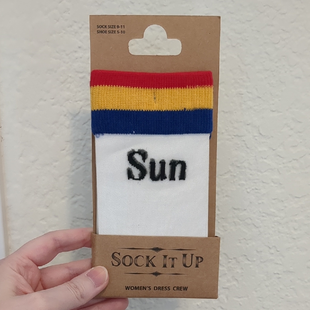 Sheer Sunshine Crew Socks with Red/Yellow/Blue Stripes